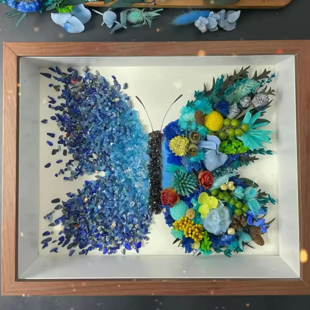 Blue crystal butterfly shadow box with dried flowers