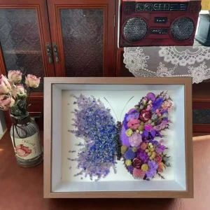 Close-up of purple crystals and pressed flowers in butterfly shadow box